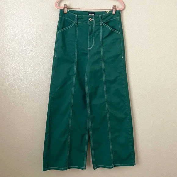 Anthropologie Maeve Pants Womens 27 Green Delaney Wide Leg Stitched High Rise - Picture 3 of 12